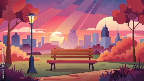 a peaceful scene of a city park at sunset