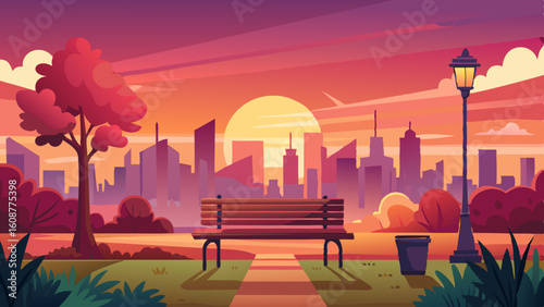 a peaceful scene of a city park at sunset