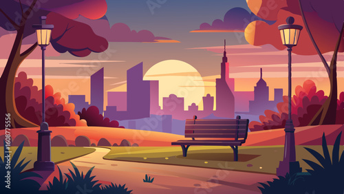 a peaceful scene of a city park at sunset
