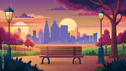 a peaceful scene of a city park at sunset