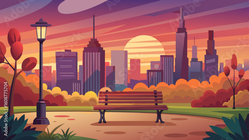 a peaceful scene of a city park at sunset