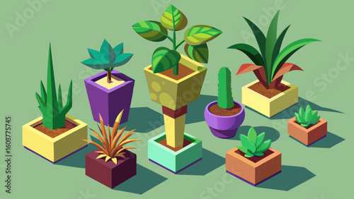 Vector art of an assortment of stylized potted plants and unique succulents arranged in a flat design