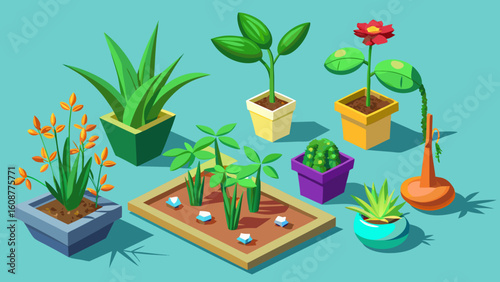 Vector art of a delightful arrangement of potted plants, including succulents and a blooming flower, in flat design