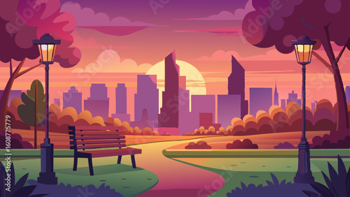 a peaceful scene of a city park at sunset