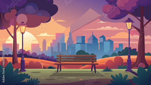 a peaceful scene of a city park at sunset