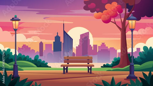 a peaceful scene of a city park at sunset