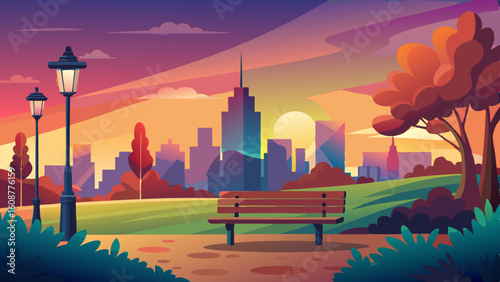 a peaceful scene of a city park at sunset