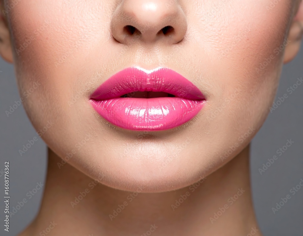 Fototapeta premium Close-up of a woman's face featuring vibrant pink lipstick and flawless skin