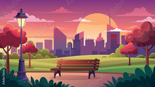 a peaceful scene of a city park at sunset