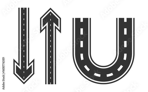 Road Arrow Set Pointing Up, Down, and U-Turn. Direct Traffic with Precision Using These Road Arrows. Ideal for Road Layouts, Maps, and Directional Signage.