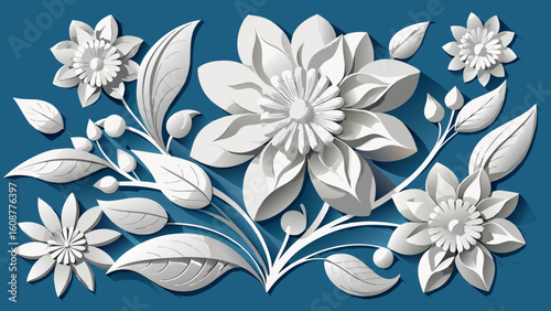 Vector art of an artistic display of white, stylized flowers and leaves against a teal background, featuring intricate papercraft details and shadows