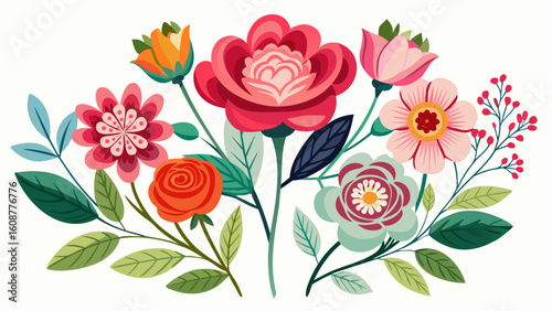 Vector art of an assortment of colorful, stylized flowers and foliage arranged in a pleasing composition on a white background