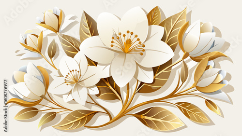Vector art of a cluster of white flowers with golden leaves and branches, isolated on a white background, showcasing refined beauty
