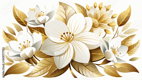 Vector art of an exquisite arrangement of pristine white flowers complemented by rich golden foliage and subtle highlights, isolated on a white background