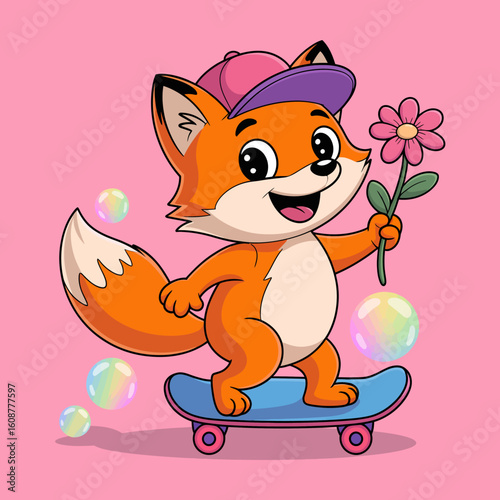 Joyful Fox Skater with Bubbles