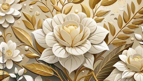 Vector art of an exquisite white and gold floral arrangement with intricate petals and leaves