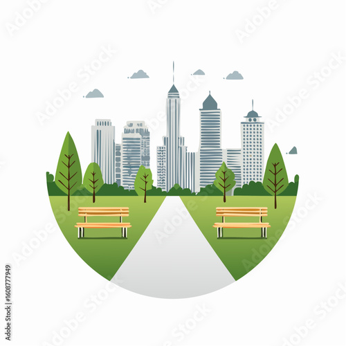City park pathway with benches and distant cityscape in daytime