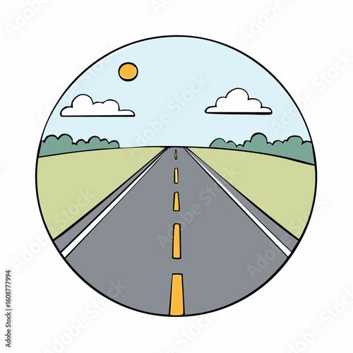 Road stretches toward the horizon in a countryside scene under the Sun
