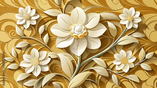 Vector art of a beautiful arrangement of white flowers and golden leaves forms an elegant floral design