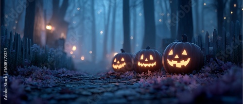 Spooky Halloween pumpkin lantern in Halloween forest scene, glowing Halloween pumpkin on Halloween night path, Halloween pumpkin with Halloween forest background
