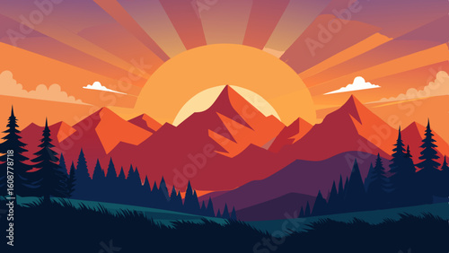 beautiful vector illustration of sunset over mount