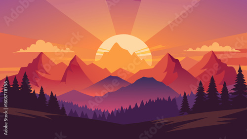 beautiful vector illustration of sunset over mount