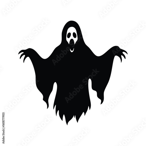 A spooky black ghost floating with open mouth and clawed hands