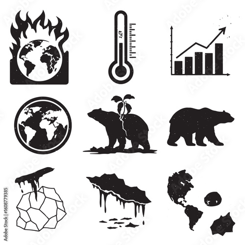 Climate change and global warming themed illustrations with silhouettes of the planet and bears.