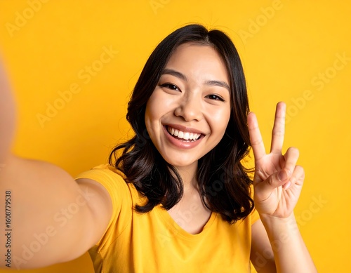 Cheerful asian woman taking a selfie with peace sign gesture on vibrant yellow background