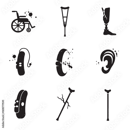 Collection of black and white silhouettes depicting medical equipment and assistive devices