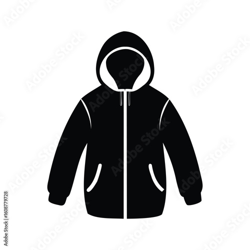 Black and white simple graphic of a hooded sweatshirt with pockets