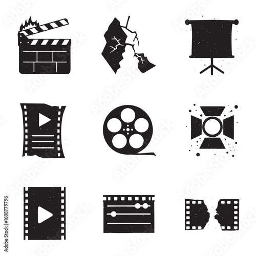 Collection of film and cinema related icon silhouettes for creative project design
