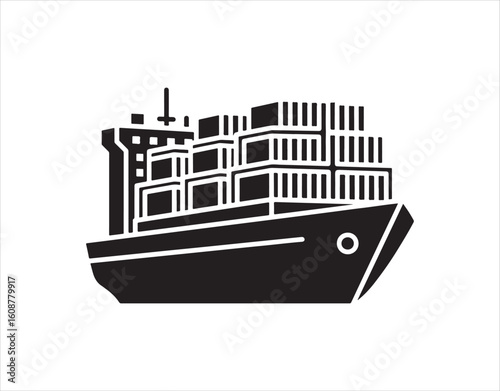 Shipping vessel icon in solid style, featuring containers, a symbol for delivery and logistics, with a cargo ship vector sign on a white background, indicating freight with a loaded ship icon glyph.