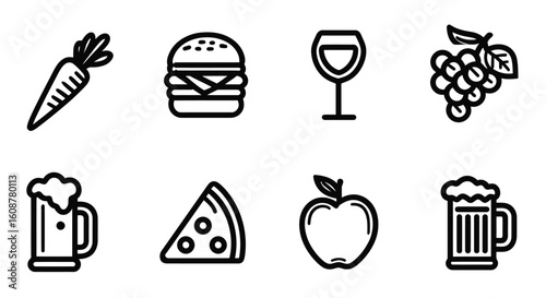 Food and drink icons set featuring vector illustrations of restaurant menu items like pizza, coffee, cake, and fruit symbols