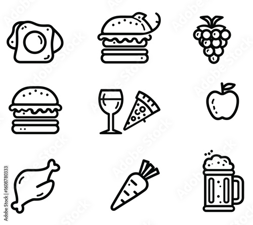 Vector icons set of various fast food, breakfast, and dessert items like hamburgers, coffee, cake, and sandwiches