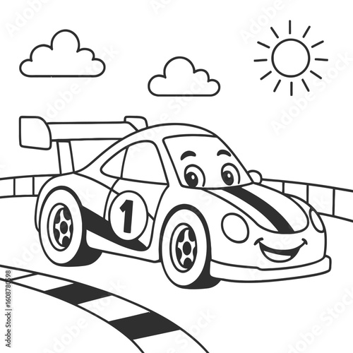 Smiling Race Car Coloring Page with Number One