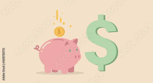 Pink piggy bank with a coin falling into it next to a large dollar sign