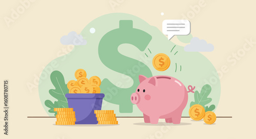 Pink piggy bank with coins and a dollar sign