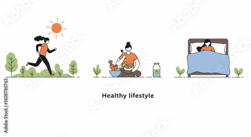 Three illustrations showing healthy lifestyle running eating vegetables and sleeping
