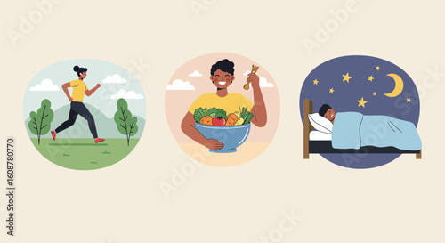 Three circular illustrations depicting healthy lifestyle elements exercise nutrition and sleep