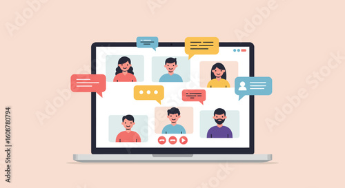 Laptop screen displays a video conference with six participants and chat bubbles