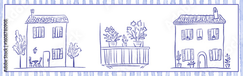 Whimsical Italian house collection with summer vacation mood and coast architecture, featuring terraces, balconies, shutters and rooftops. Relaxed crayon sketch vector illustration for travel prints.