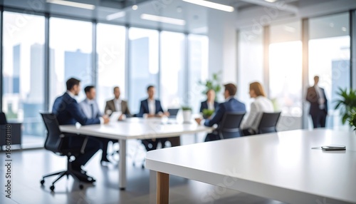 Blurred view of businesspeople in a modern office meeting around a large table, city view in background