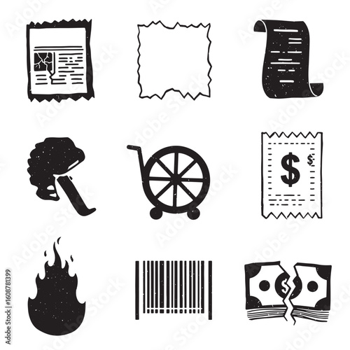 Hand drawn monochrome icon set featuring receipts shopping cart and barcode elements