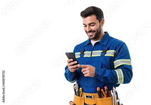 Smiling Tradesman with Phone and Tool Belt, isolated on a transparent background


