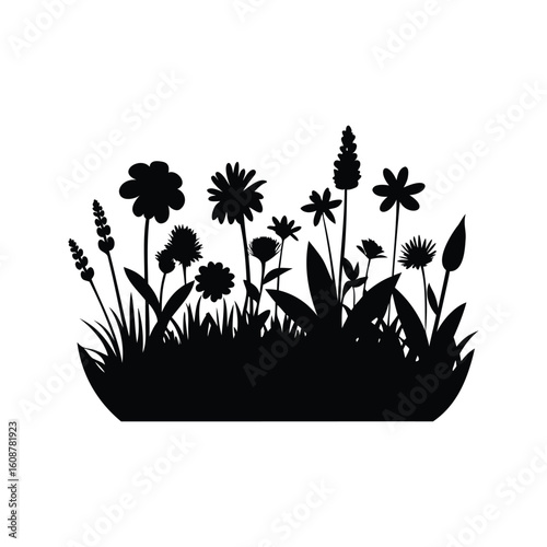 Silhouetted Garden Landscape with Assorted Wildflowers and Tall Grasses, Black on White
