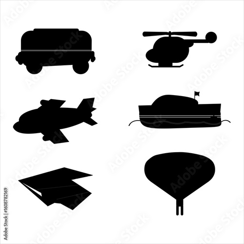 Minimalist Black Silhouette Transportation Icon Set Featuring Airplane, Helicopter, Bus, Boat, Glider, and Hot Air Balloon for Travel, Clipart, and Educational Designs