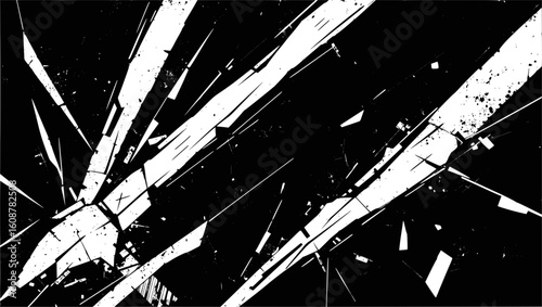 Vector art of sharp, abstract black and white shards create a distressed, shattered glass effect