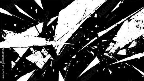 Vector art of abstract black and white shards create a distressed, shattered glass effect