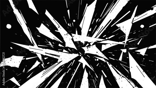 Vector art of a dynamic explosion of sharp black and white fragments creates a chaotic abstract background